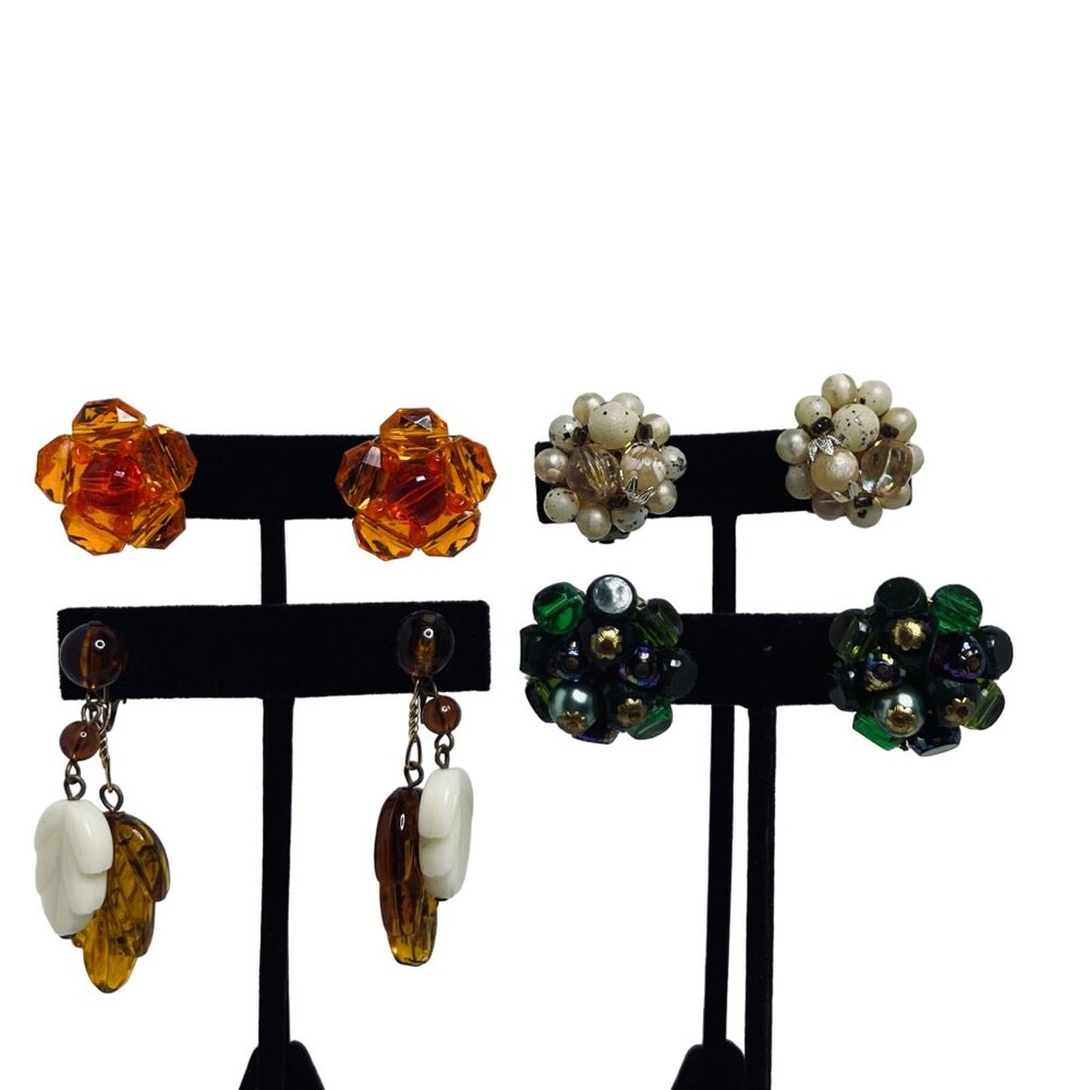 Vintage Lot Of 4 Gold Tone Beaded Clip On Earrings Signed (5235)
